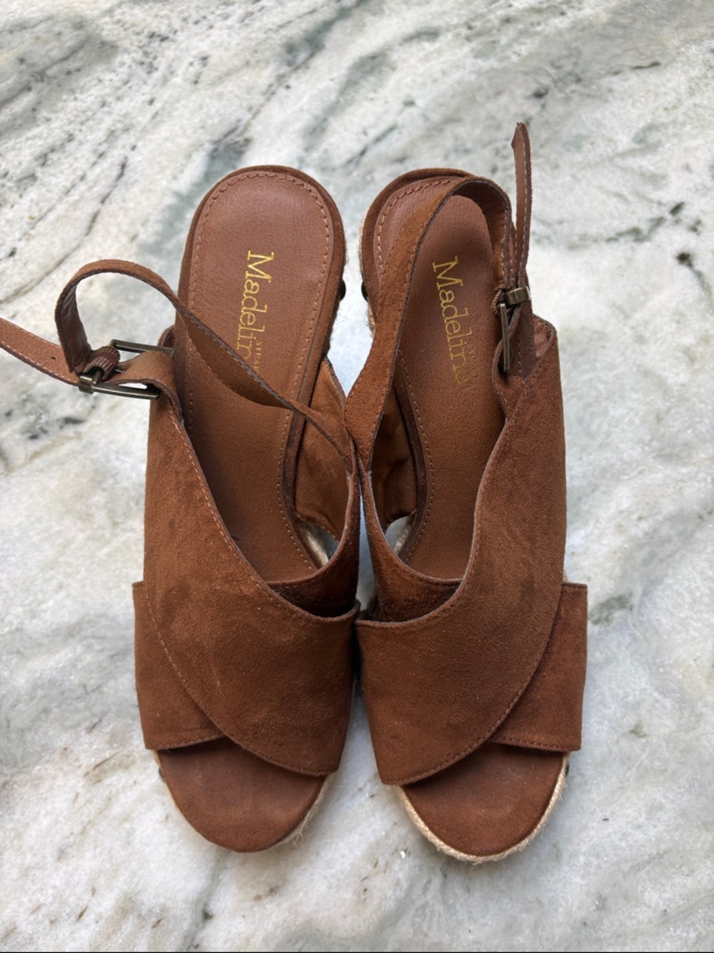 Madeline Tan Suede Crossband Wedge Sandals